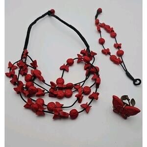 Vintage Jan Michaels Red Cinebarre Ring Necklace And Bracelet Butterflies...